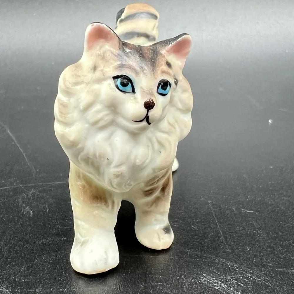 Vintage Cat Figurine Standing Striped Blue Eyes